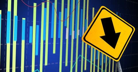 Image of financial data processing and road sign over blue background Ilustração Stock