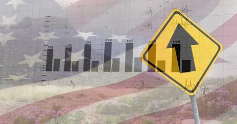 Image of financial data processing and road sign over flag of usa and landscape Ilustração Stock