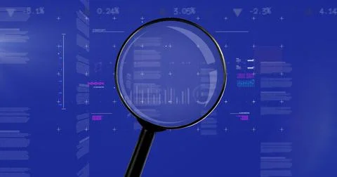 Image of financial data processing and magnifying glass over navy background Illustrazione stock