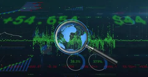 Image of financial data processing and magnifying glass over navy background Illustrazione stock