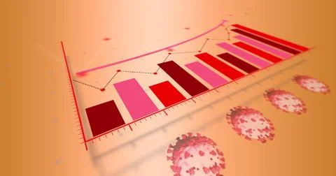 Image of financial data processing and virus cells over orange background Stock Illustration