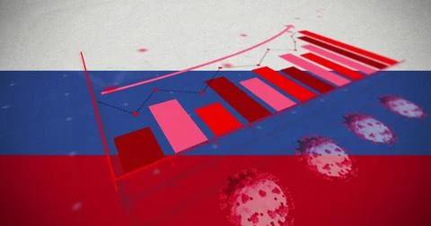 Image of financial data processing and virus cells over flag of russia Stockillustratie