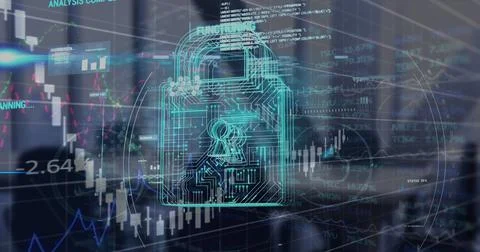 Image of financial data processing and padlock icon over empty office イラスト素材