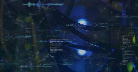 Image of financial data processing and network of connections over server room Illustrazione stock