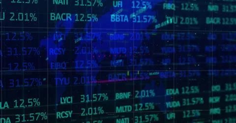 Image of financial data processing and stock market over world map on blue Stock Illustration