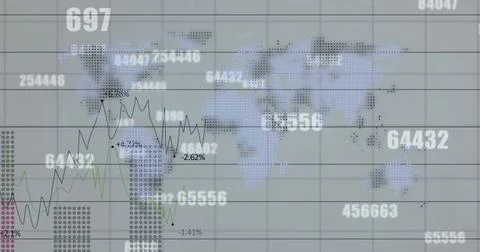 Image of financial data processing and numbers changing over world map 스톡 일러스트