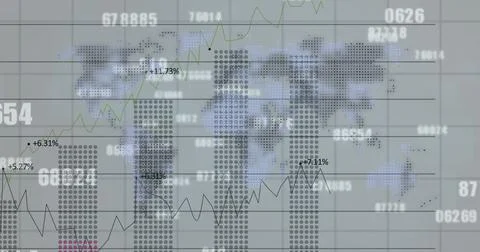 Image of financial data processing and numbers changing over world map イラスト素材