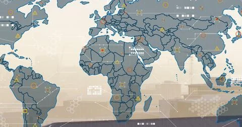 Image of financial data processing and world map over cityscape 스톡 일러스트