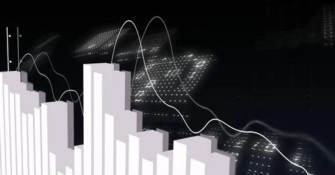 Image of financial data processing and binary coding over black background 스톡 일러스트