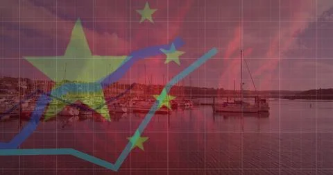 Image of financial data processing and flag of china over landscape Stockillustratie