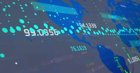 Image of financial data processing and world map over grey background Illustrazione stock