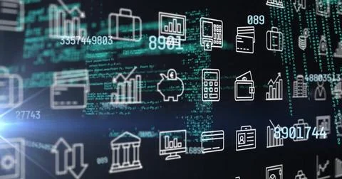 Image of financial data processing and rows of business icons over dark 스톡 일러스트