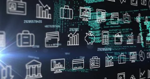 Image of financial data processing and rows of business icons over dark 스톡 일러스트