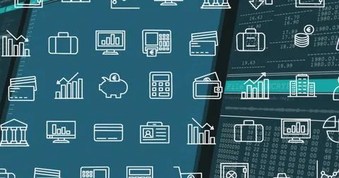 Image of financial data processing and rows of business icons over dark 스톡 일러스트