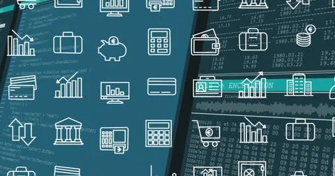 Image of financial data processing and rows of business icons over dark Stock Illustration