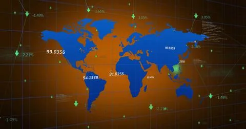 Image of financial data processing and arrows over world map Ilustração Stock
