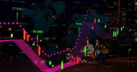 Image of financial data processing and map over cityscape Ilustração Stock