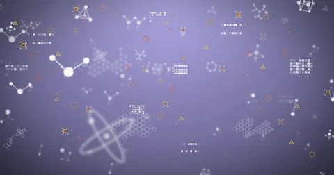 Image of financial data processing and molecules on grey background Illustrazione stock