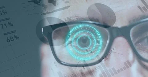 Image of financial data processing and scope scanning over caucasian man Stock Illustration
