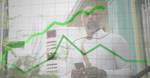Image of financial data processing and green lines over african american man Stock Illustration