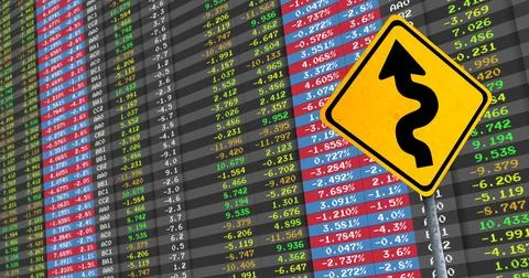 Image of financial data processing and yellow road sign with arrow Illustrazione stock