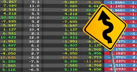 Image of financial data processing and yellow road sign with arrow Stock Illustration