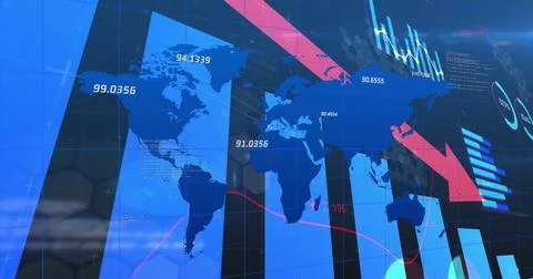 Image of financial data processing and world map over black background Illustrazione stock