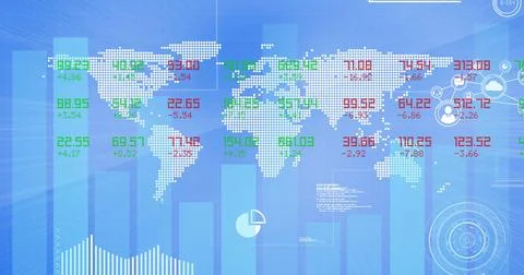 Image of financial data processing and world map over blue background イラスト素材