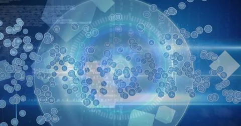 Image of financial data processing and falling icons over dark background Illustrazione stock