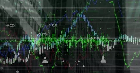 Image of financial data processing and icons over cityscape Illustrazione stock