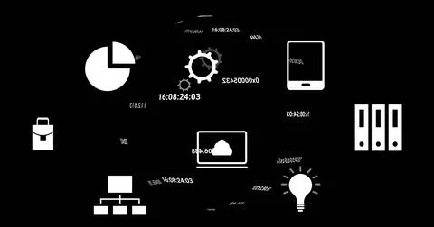 Image of financial data processing and icons over black background Illustrazione stock