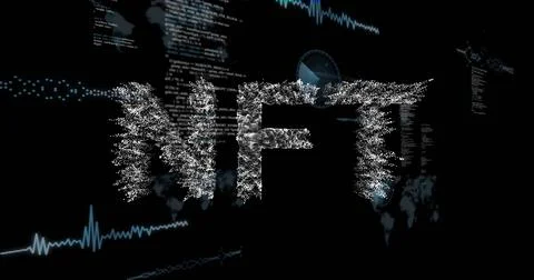 Image of financial data processing and nft text over black background イラスト素材