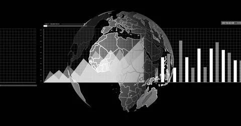 Image of financial data processing and globe over black background 스톡 일러스트