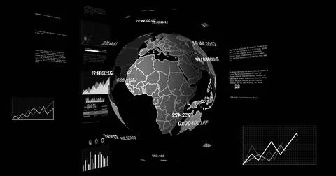 Image of financial data processing and globe over black background 스톡 일러스트