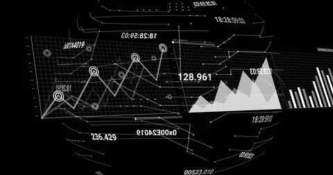 Image of financial data processing and globe over black background イラスト素材
