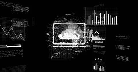 Image of financial data processing and globe over black background 스톡 일러스트