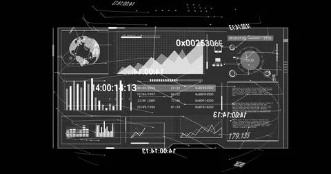 Image of financial data processing and globe over black background Stock Illustration