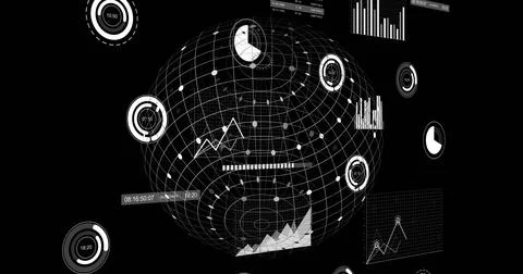 Image of financial data processing and globe over black background Stock Illustration