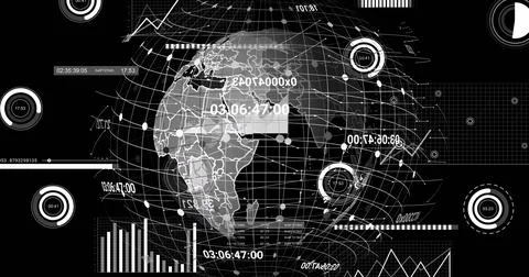 Image of financial data processing and globe over black background 스톡 일러스트