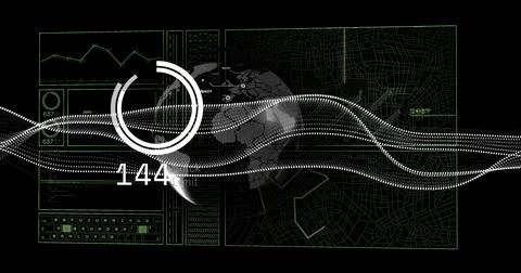 Image of financial data processing and globe over black background 스톡 일러스트
