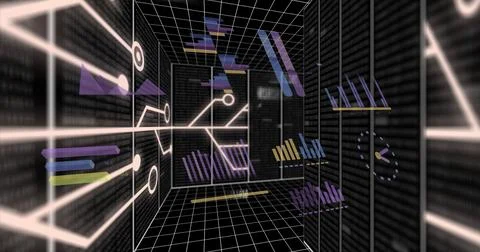 Image of financial data processing and circuit board over dark background イラスト素材