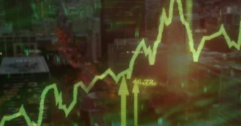 Image of financial data processing and arrows over cityscape Stock Illustration