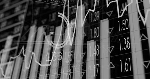 Image of financial data processing and statistics over black background 스톡 일러스트