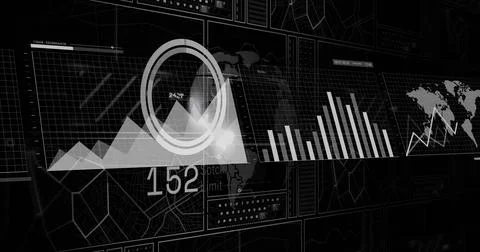 Image of financial data processing and statistics over black background Illustrazione stock