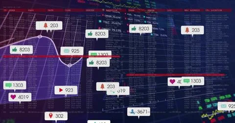 Image of financial data processing and social media icons with numbers on black 스톡 일러스트