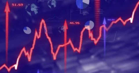 Image of financial data processing and arrows over blue background 스톡 일러스트