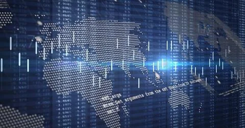 Image of financial data processing and world map over dark background 스톡 일러스트