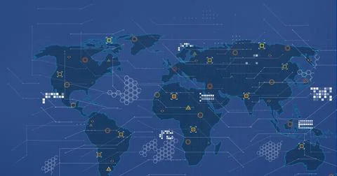 Image of financial data processing and world map over blue background Stock Illustration