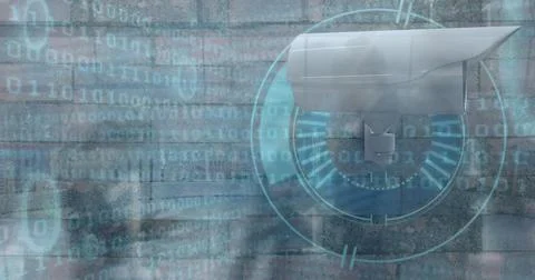 Image of financial data processing and security camera over cityscape Stock Illustration