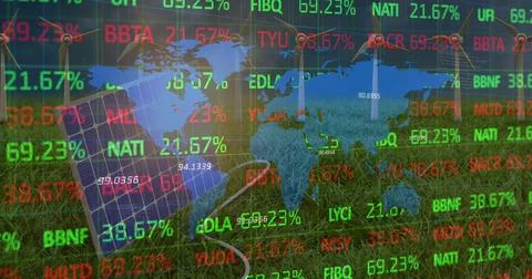 Image of financial data processing and world map over wind turbines and solar Stock Illustration